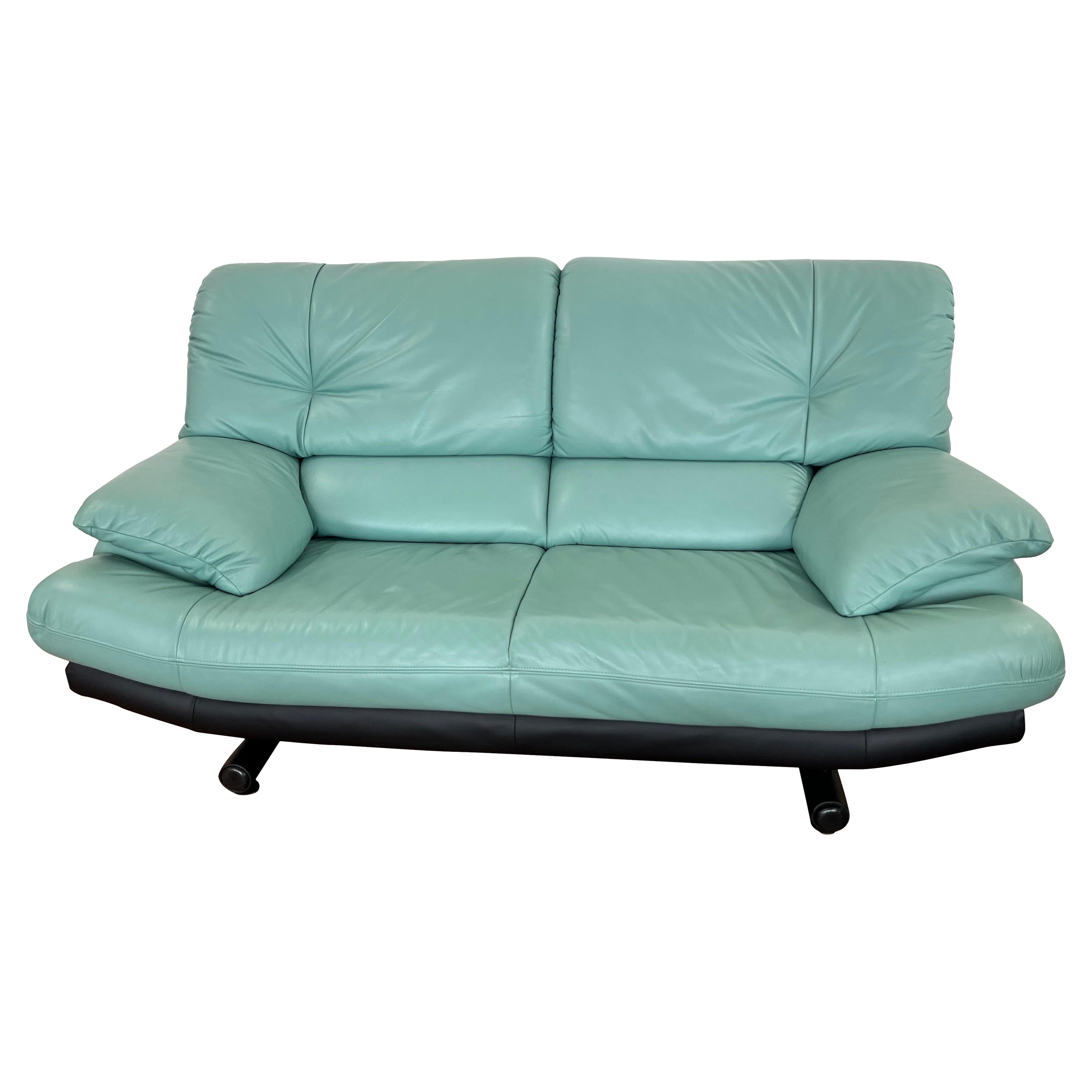 1980 Turquoise Leather Loveseat Natuzzi style, made in Italy