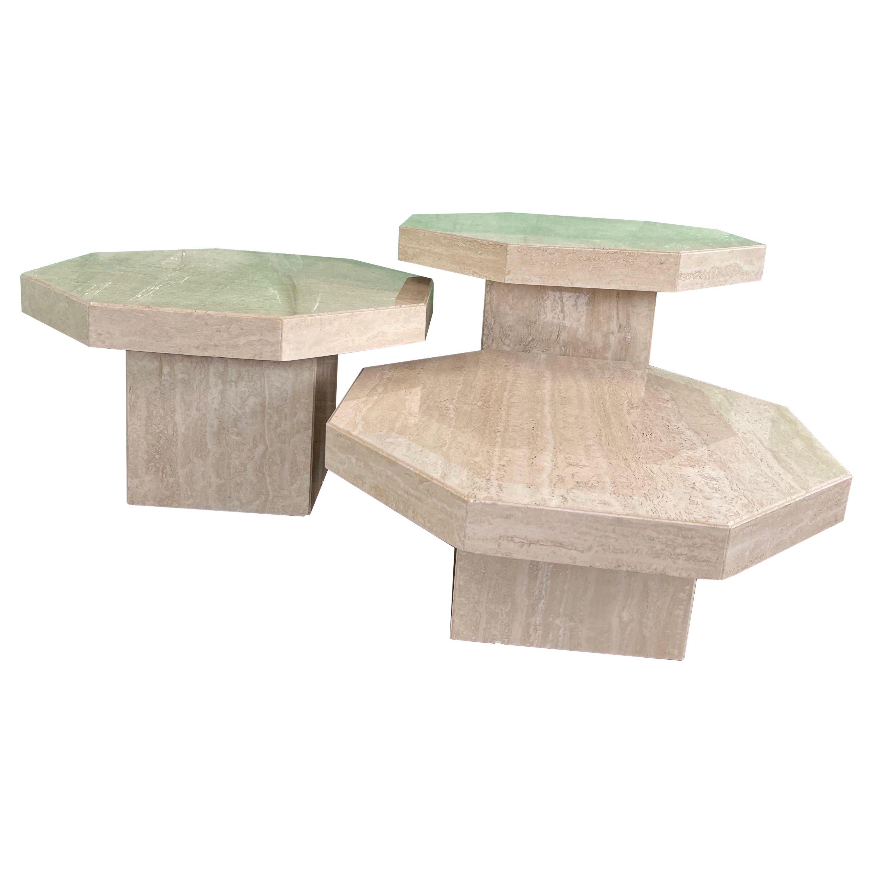 1970 Travertine Octagon Nested Tables - a Set of 3 For Sale