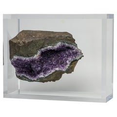 Brazilian Amethyst Geode with basalt mounted in original design acrylic base