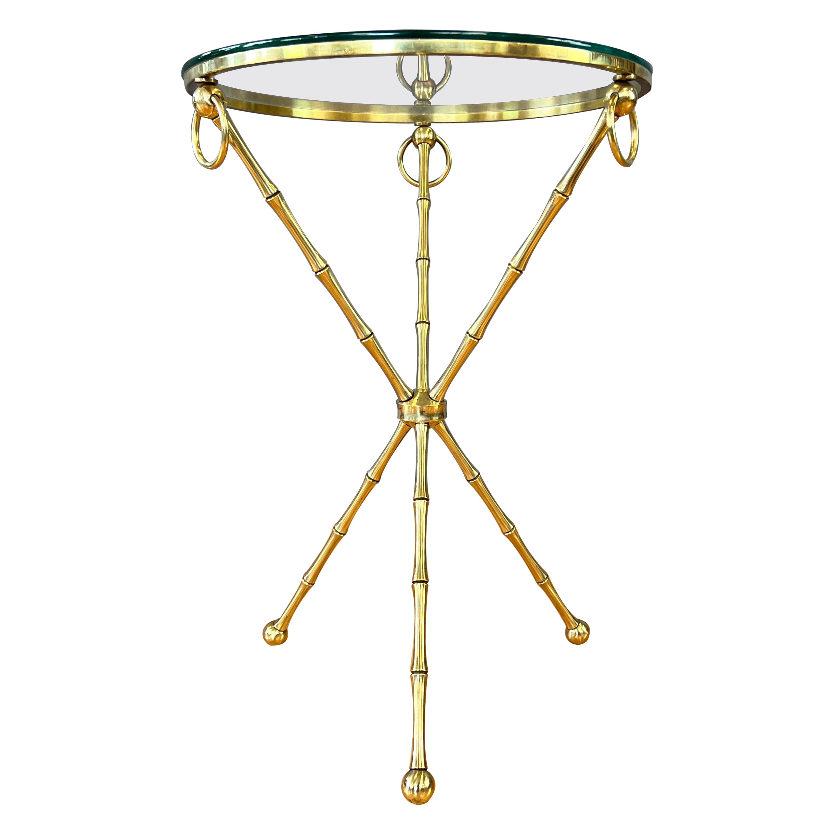 Maison Baguès-Style Brass Faux Bamboo Side Table with Round Glass Top, c. 1960