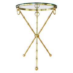 Vintage Maison Baguès-Style Brass Faux Bamboo Side Table with Round Glass Top, c. 1960