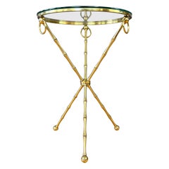 Maison Baguès-Style Brass Faux Bamboo Side Table with Round Glass Top, c. 1960