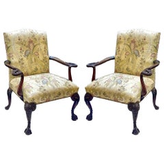 Mid-Century Georgian Style Carved Fruitwood Bergere Chairs W/ Eagle - Pair