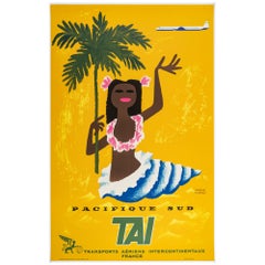 Morvan, Original Travel Poster, TAI South Pacific, Tahiti, Plam Tree, Shell 1955