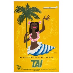 Morvan, Cartel de Viaje Original, TAI Pacífico Sur, Tahití, Árbol Plam, Concha 1955