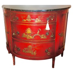Red Chinoiserie Demilune Bow Front Marble Top Dry Bar Cabinet Buffet