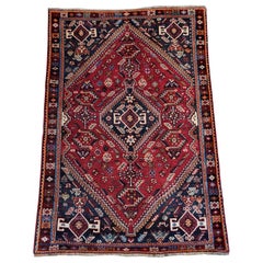 Small Vintage Qashqai - Nomadic Persian Rug - Geometric - Crimson, Navy, Orange