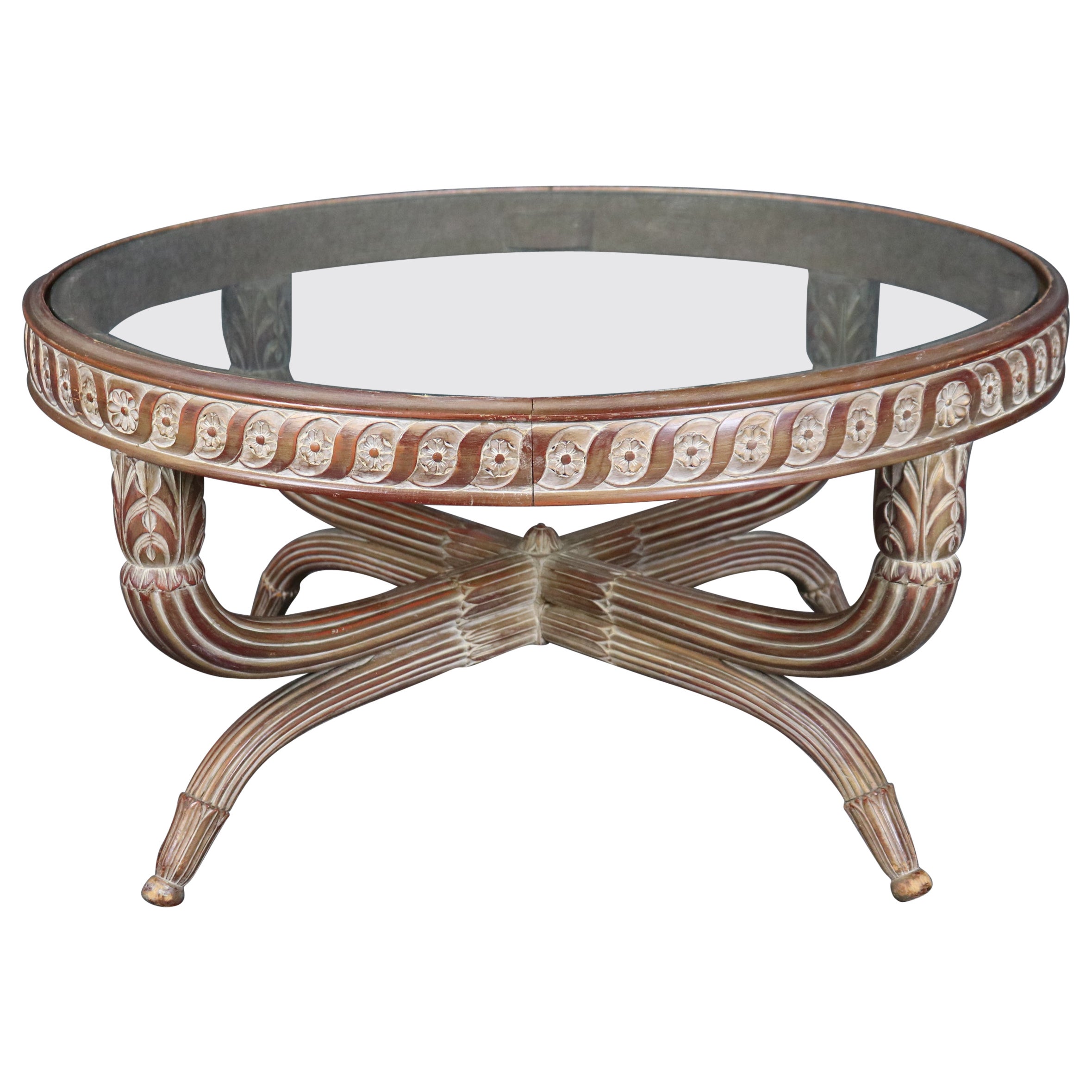 Distressed Paint dekoriert Directoire Stil Glasplatte Couchtisch