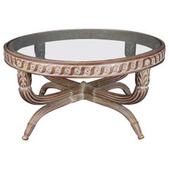 Distressed Paint Decorated Directoire Style Glass Top Coffee Table