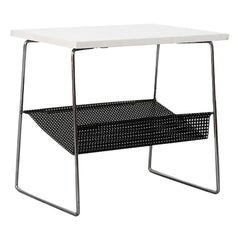 Mesa Telefónica Pilastro Blanco y Negro de Mitad de Siglo con Rejilla Perforada