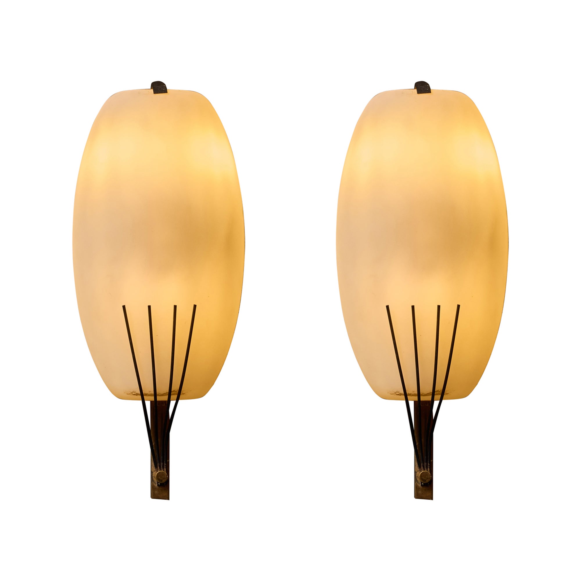 Pair of Stilnovo Opaline Glass and Brass Wall Sconces