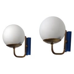 Vintage Pair of Mid-Century Italian Wall Sconces  Blue Enamel and Brass Details, 1950s