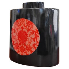 Vintage Fabienne Jouvin Chinese black red porcelain Jar Vase Centerpiece