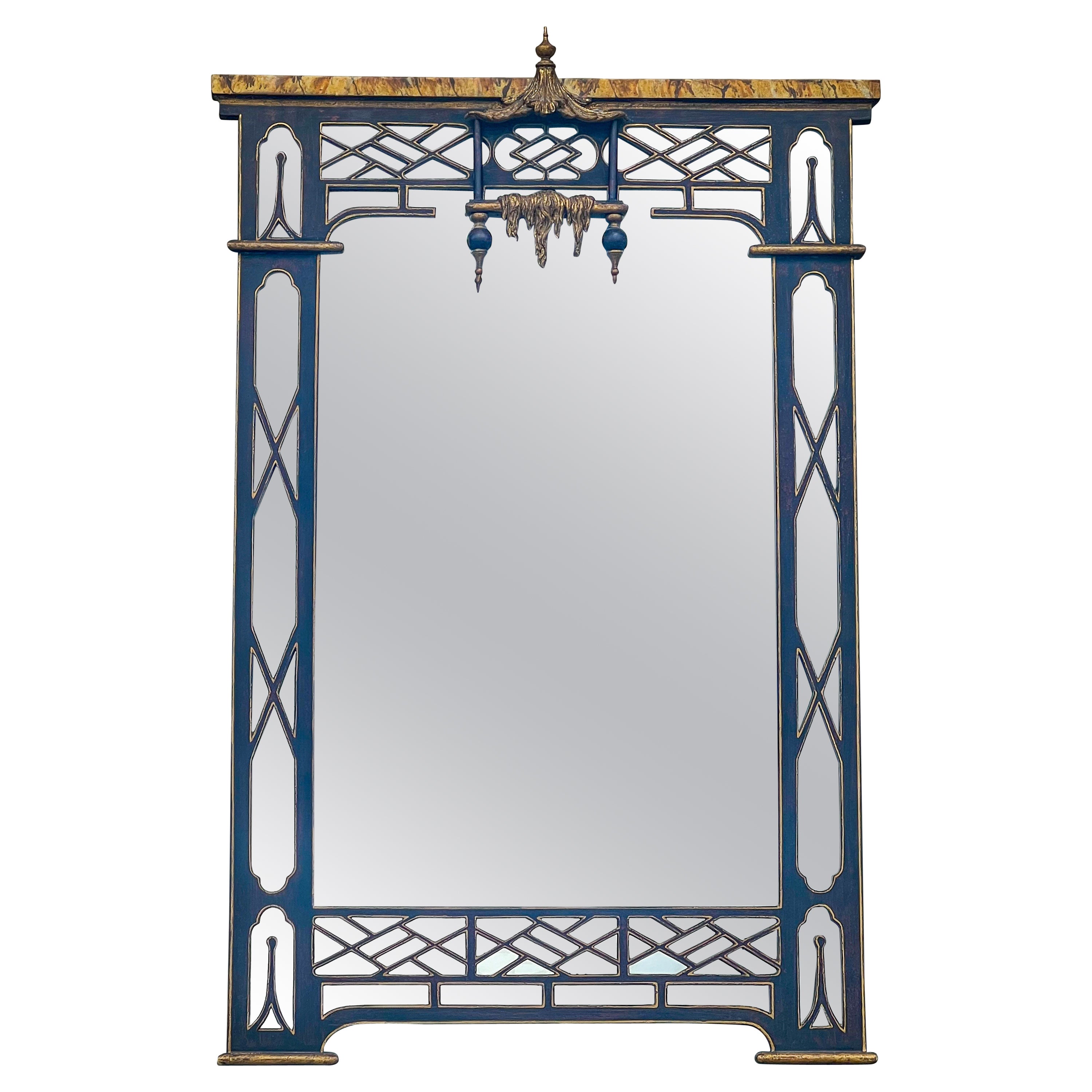 Italian Chinese Chippendale Style Pagoda & Fretwork Faux Marble Mirror