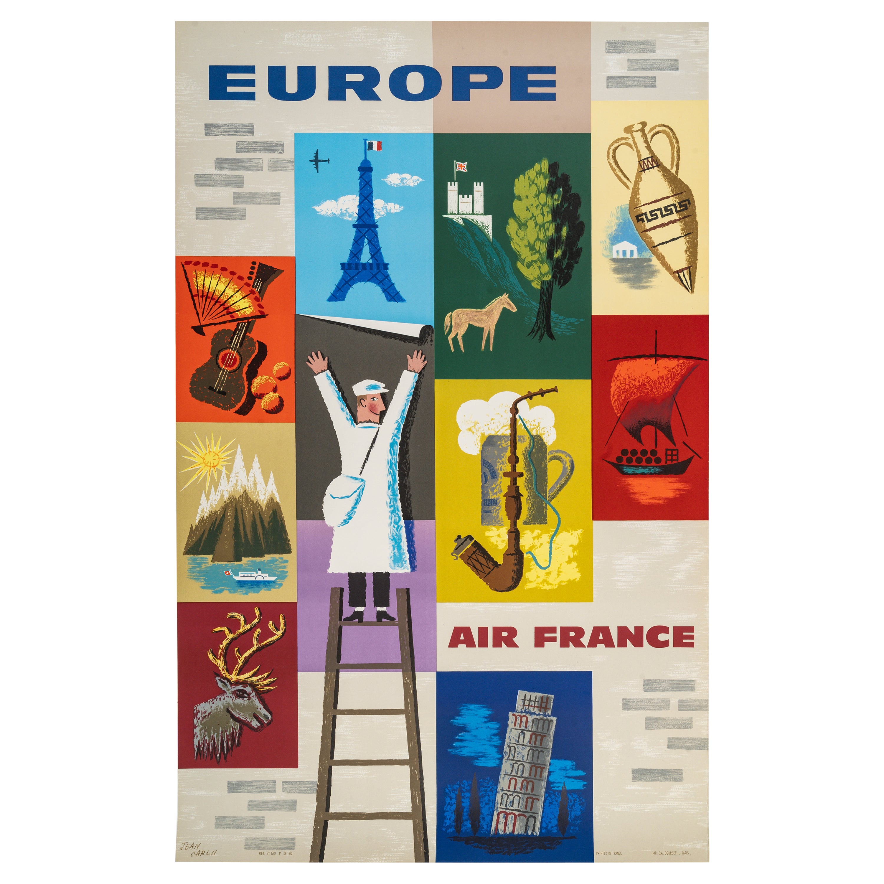 Carlu, Original Movie Poster, Air France Europe, Eiffel Tower, Aviation, 1957