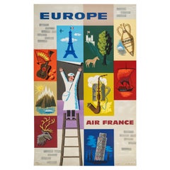Carlu, affiche originale du film Air France Europe, Tour Eiffel, Aviation, 1957