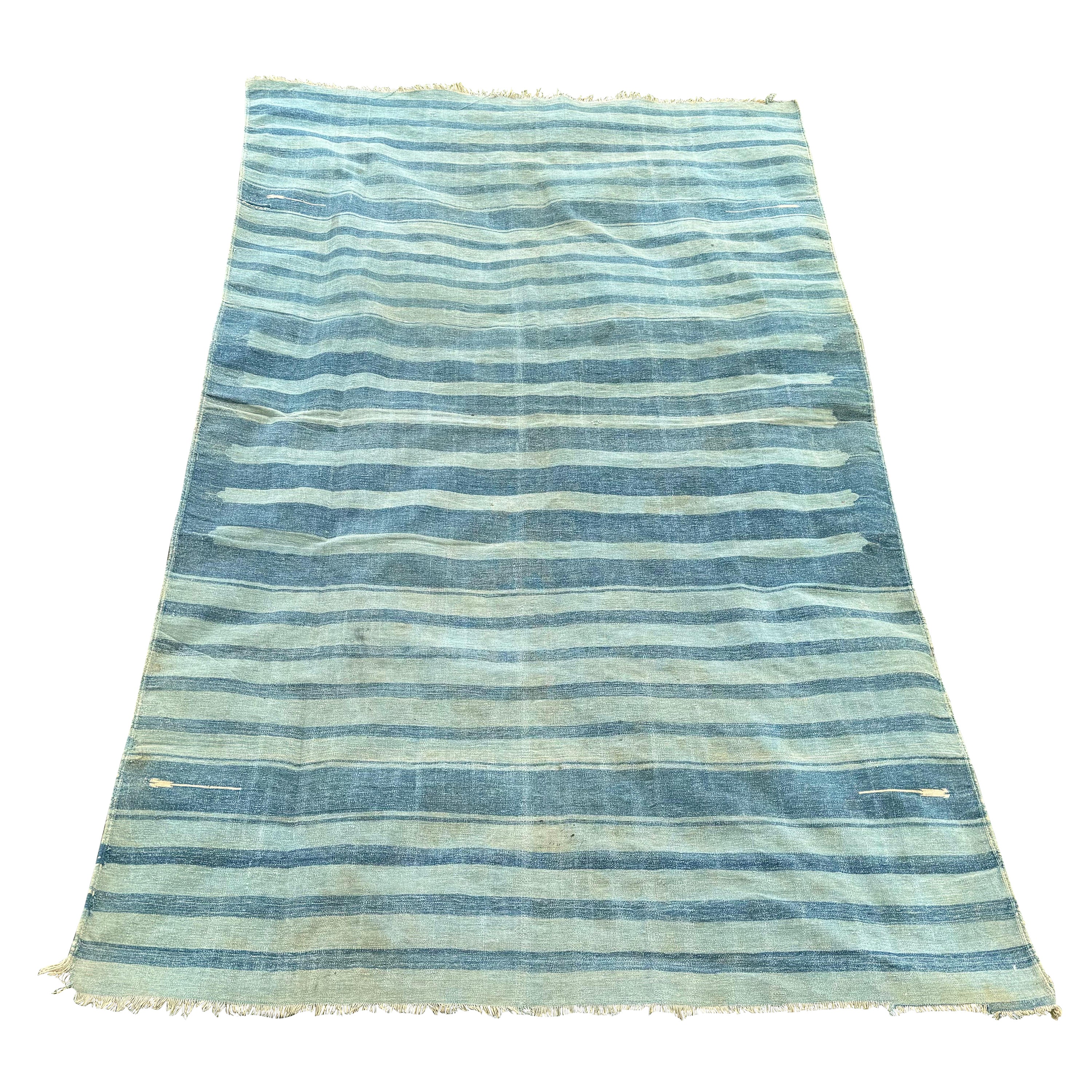 Antique Indian Cotton Dhurrie Blue Stripe Rug 5 x 8