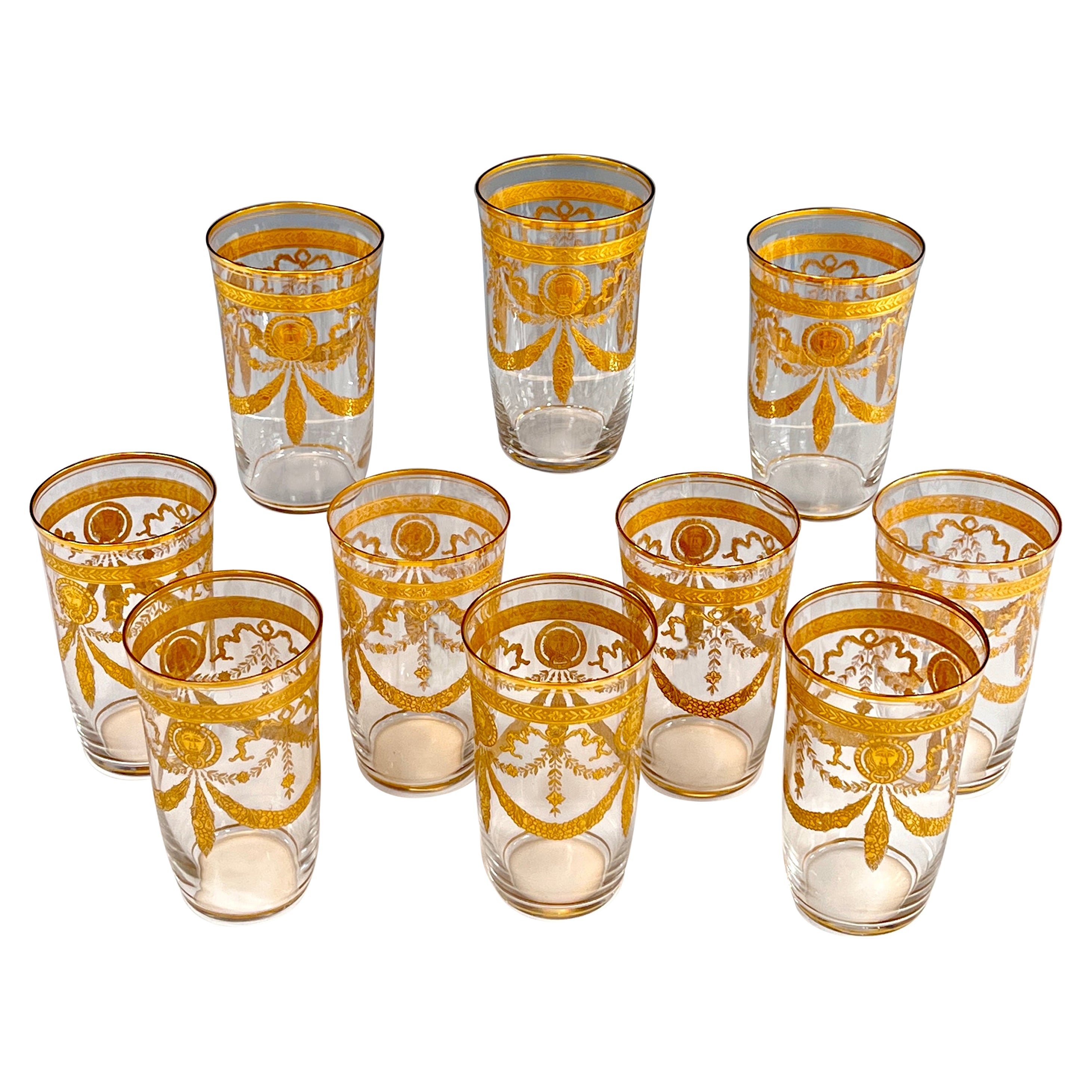 Set of 10 St Louis Congress Hand Blown Crystal Gilt Highballs Tumblers