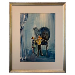 Vintage Joseph Kossonogi Original Mid Century Painting Blue Concert Scene Israeli Artist