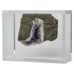 Brazilian Amethyst Geode with basalt mounted in original design acrylic base