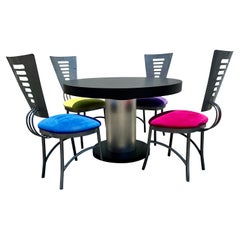 Retro 1980s Memphis Style Steel Chairs and Round Entending Dining Table