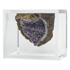 Brazilian Amethyst Geode with basalt mounted in original design acrylic base