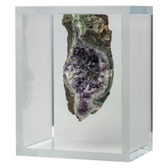 Brazilian Amethyst Geode with basalt mounted in original design acrylic base