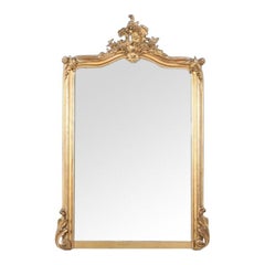 Grand miroir doré à crête Louis XV du XIXe siècle