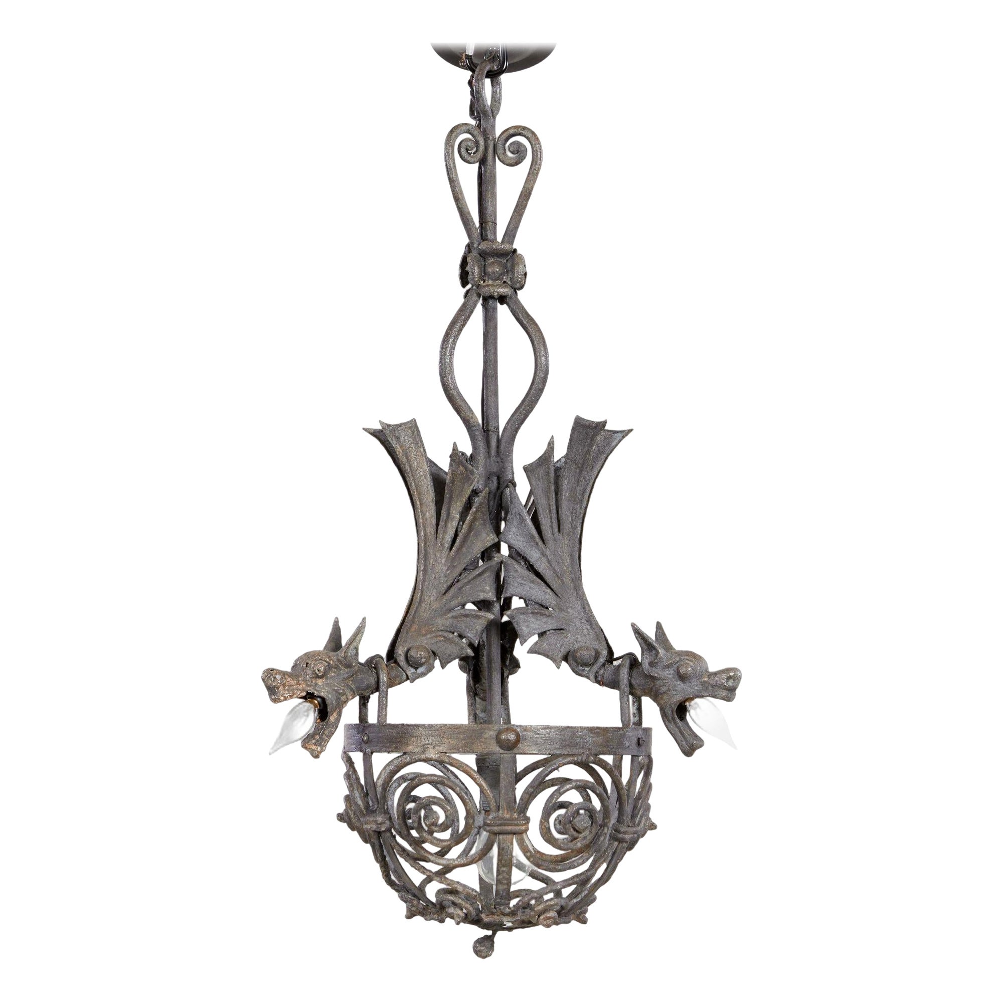 Arts and Crafts Wrought Iron Dragon Chandelier For Sale