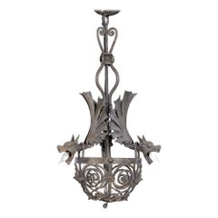 Antique Arts and Crafts Wrought Iron Dragon Chandelier