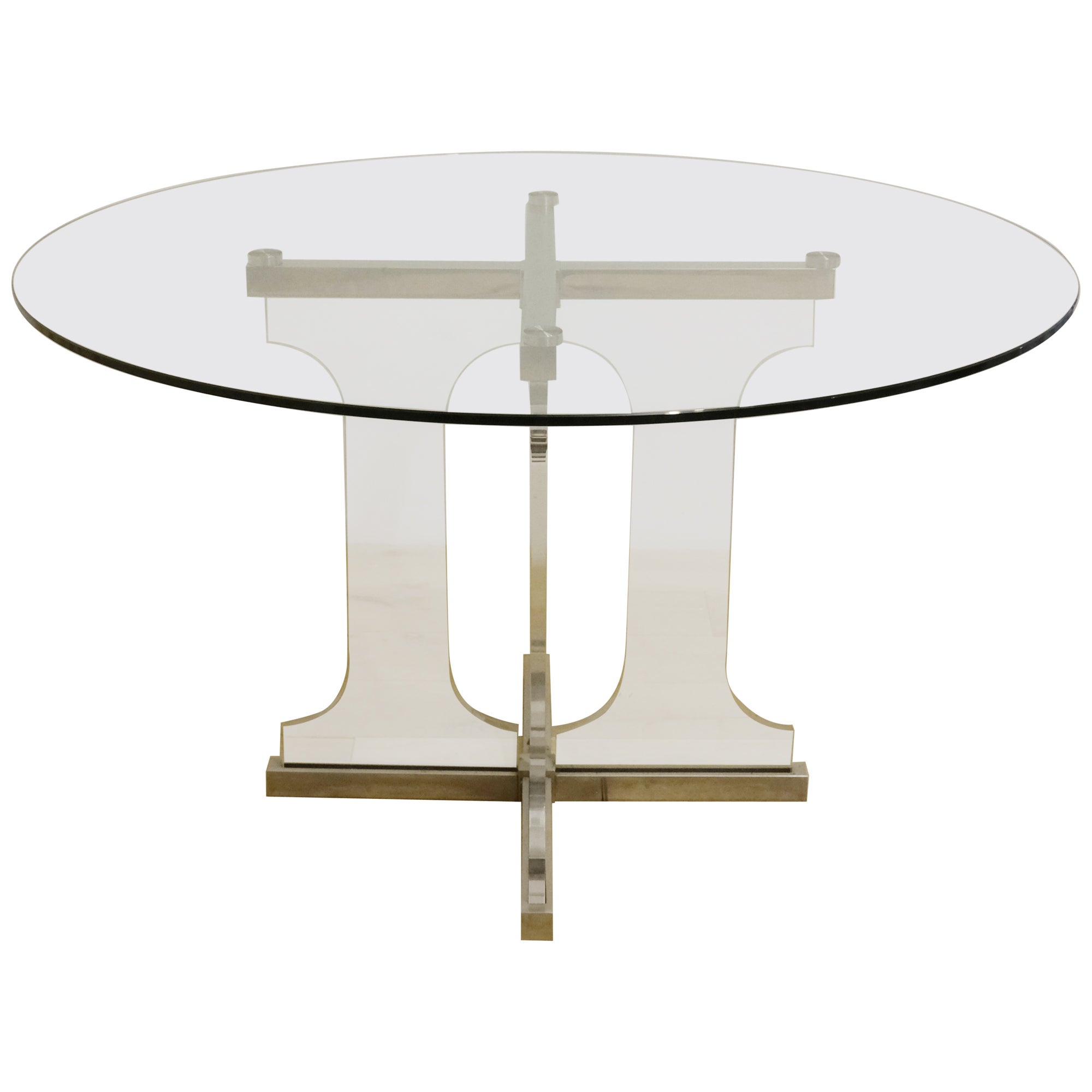 Pedestal table, plexiglass and stainless steel legs, glass top, circa 1970.