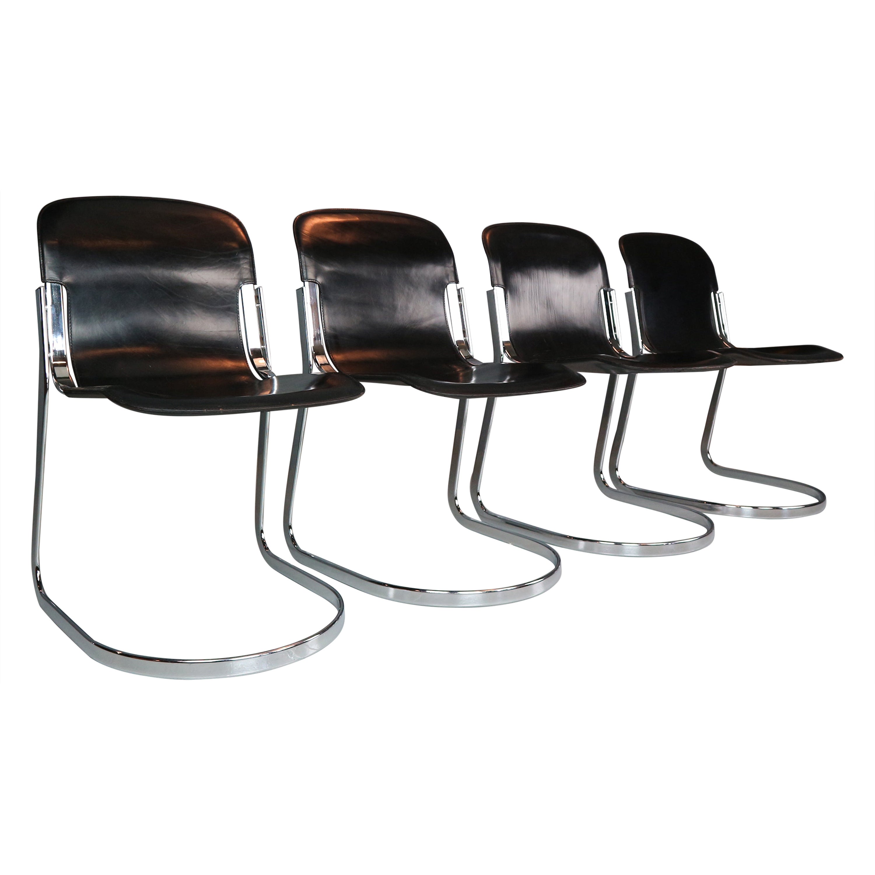 Willy Rizzo Set of Black Leather Dining Chairs "C2" For Cidue, 1970s, Italy For Sale
