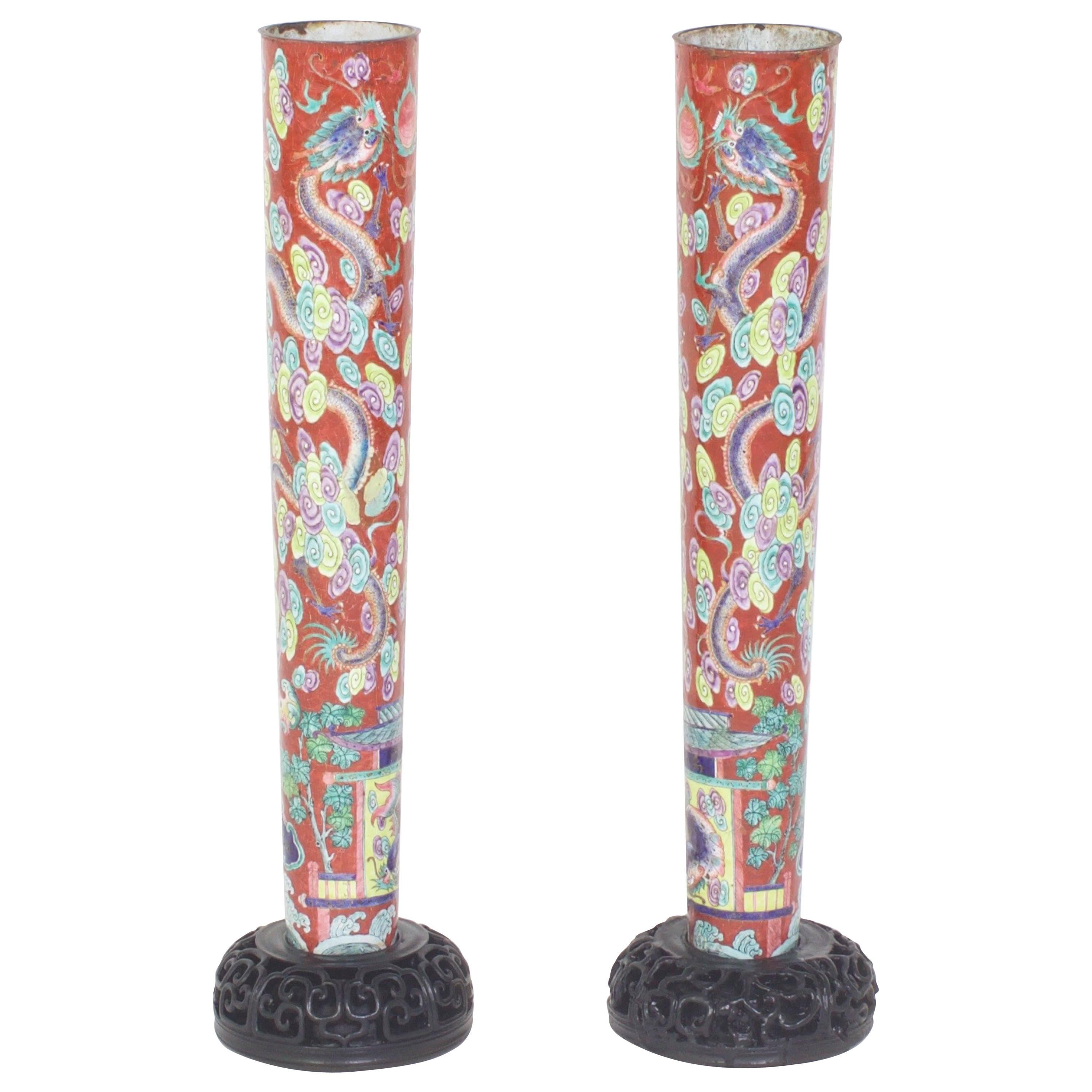 Tall Asian Vases with Oriental Enamel For Sale