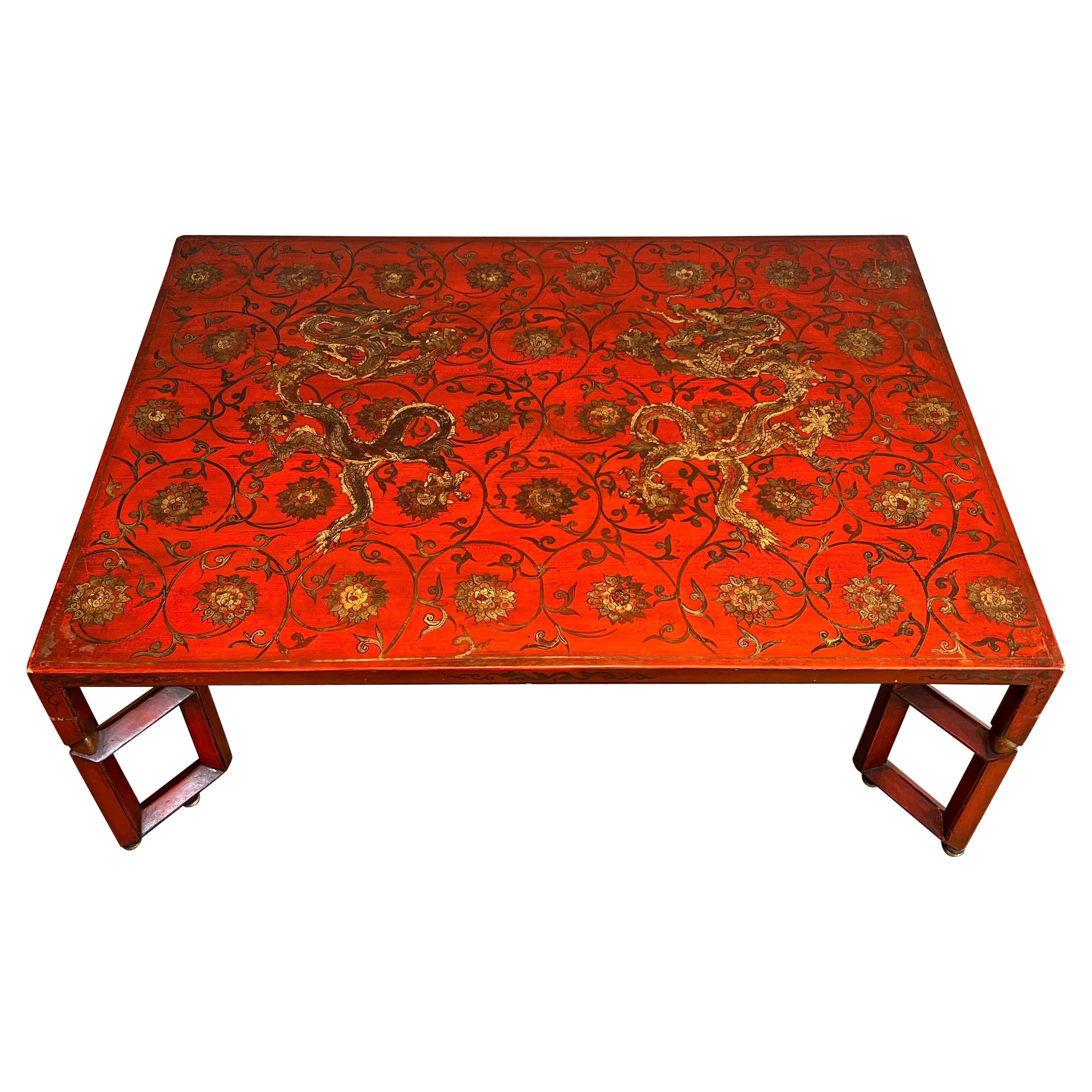 Large Red Lacquered Coffee Table with Gold Chinese Decorations
