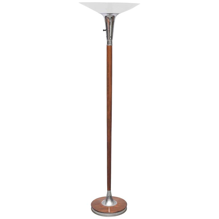 Lovely Wood Chrome And Glass Floor Lamp Or Torchiere Usa 1940s Lovely Wood Chrome And Glass Floor Lamp Or Torchiere Usa 1940s For