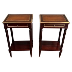 Vintage Pair of mahogany & brass side tables with leather tops in Maison Jansen Style