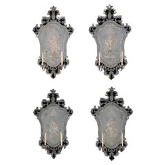 Used A Set of Four Venetian Etched Clear and Blue Glass Girandole Wall Mirrors