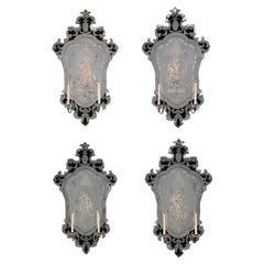 Set von vier venezianischen Girandole-Wandspiegeln aus geätztem klarem und blauem Glas