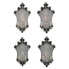 A Set of Four Venetian Etched Clear and Blue Glass Girandole Wall Mirrors