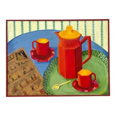Vintage Boho Mixed Media Coffee Service Still Life on Canvas Painting (Natura morta su tela)