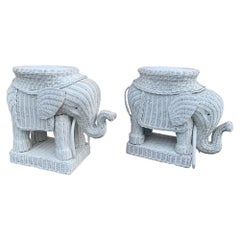 Retro Wicker Rattan White Elephant Garden Stools or Side Tables, Pair