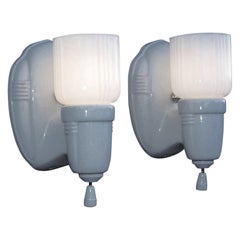 Pair Vintage White Porcelain Bathroom / Kitchen Sconce Lights with Period Shades