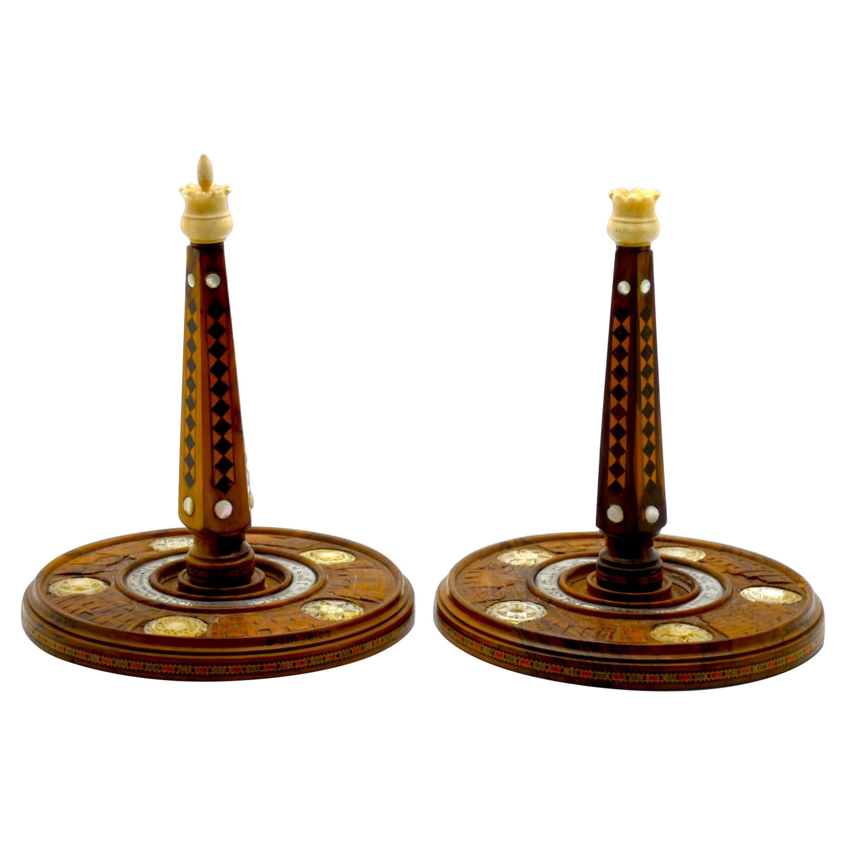 A Pair of Carved Olivewood, Bone and Mother of Pearl Atzei Chaim Jerusalem 1913