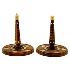 A Pair of Carved Olivewood, Bone and Mother of Pearl Atzei Chaim Jerusalem 1913