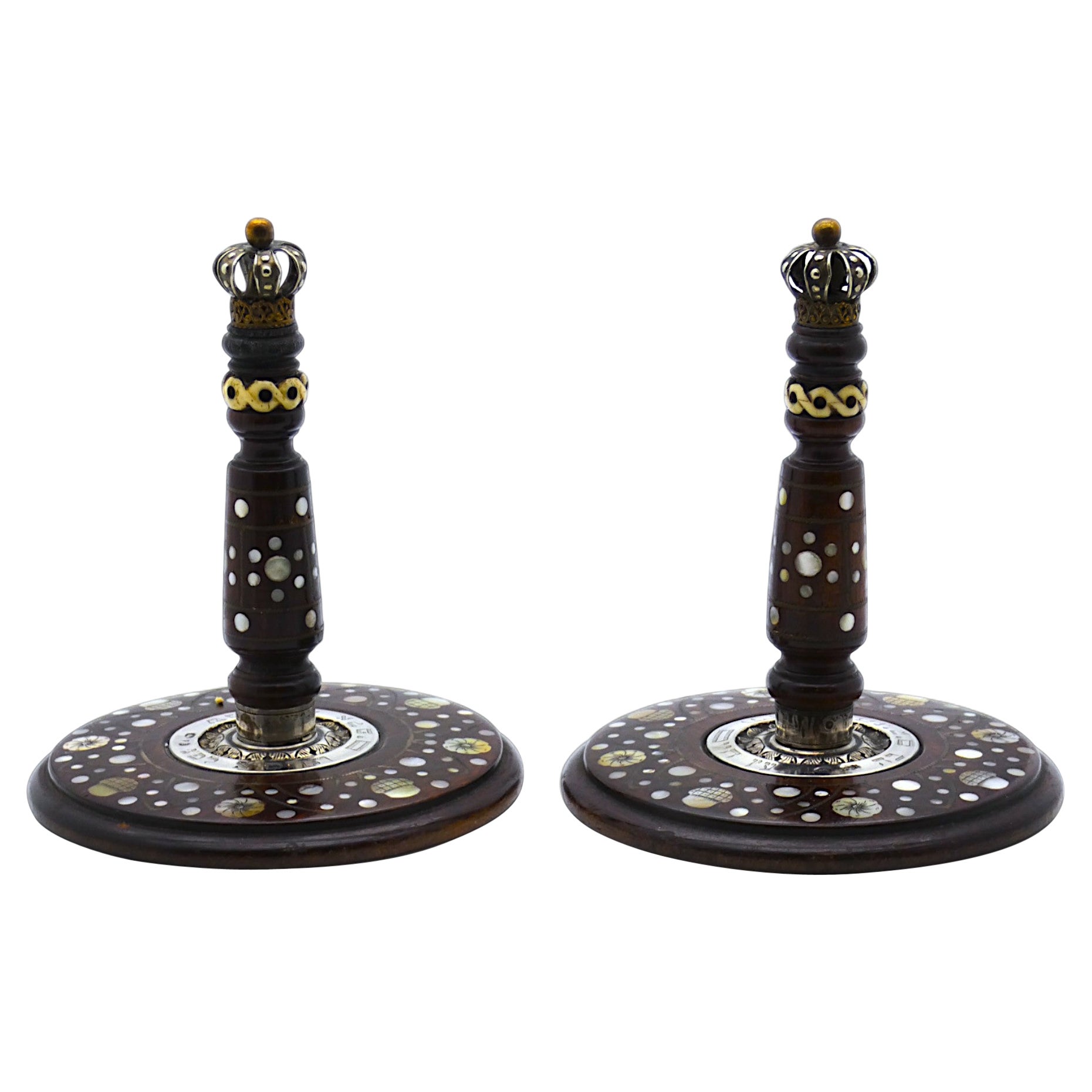 A Pair of Carved Wood, Mother of Pearl and Silver Atzei Chaim , Poland 1901