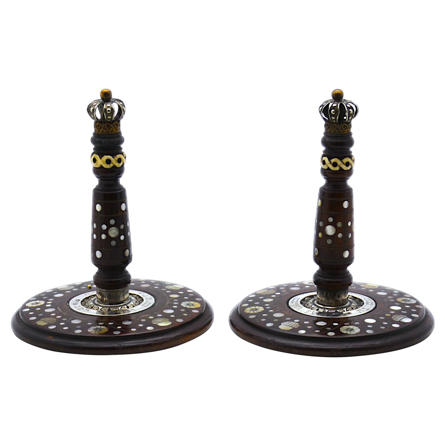 A Pair of Carved Wood, Mother of Pearl and Silver Atzei Chaim , Poland 1901 For Sale