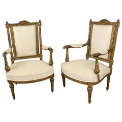 Pair of Antique French Gold Gilt Upholstered Armchairs
