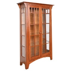 Vintage Arts & Crafts Solid Cherry Wood Lighted Bookcase or Display Cabinet