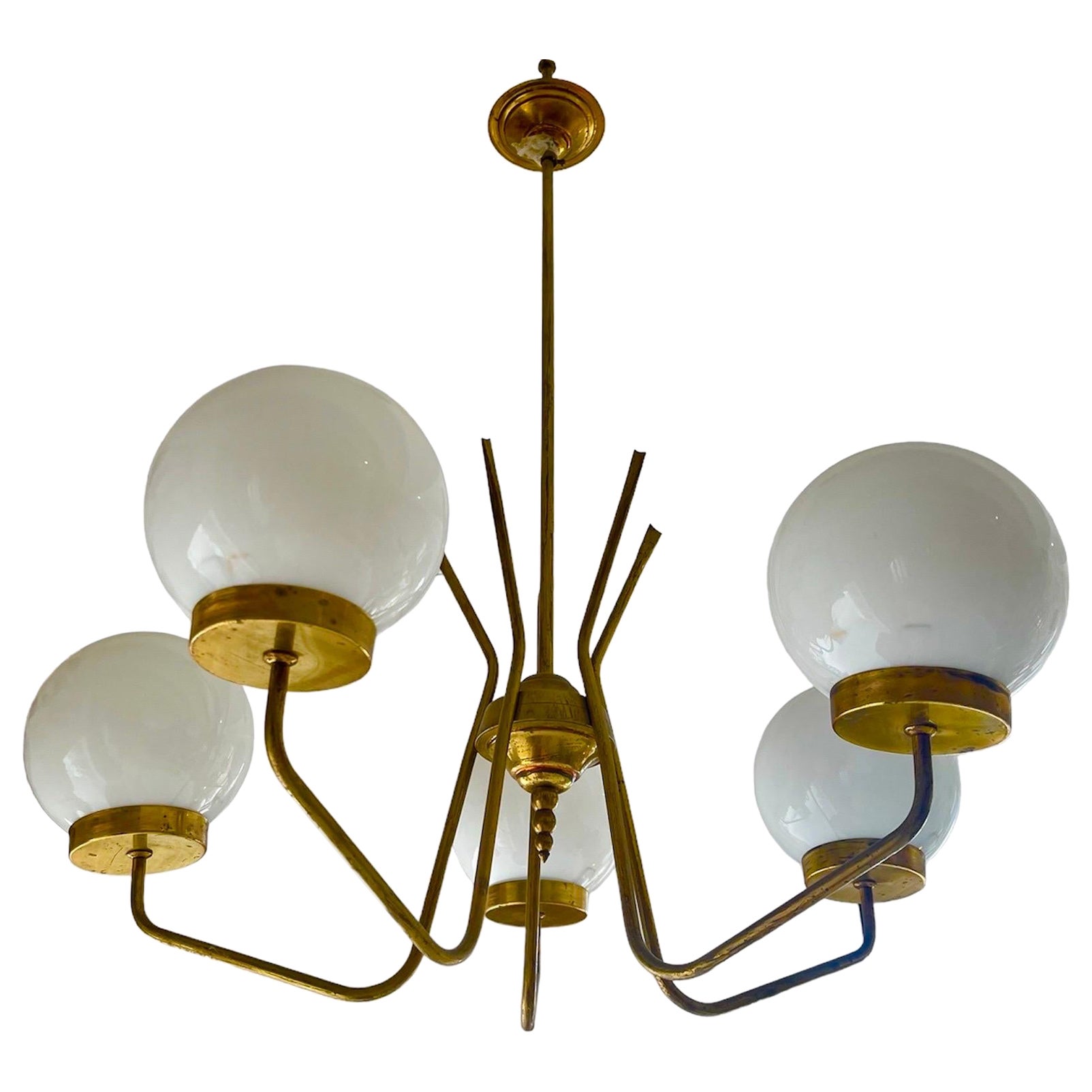 Stilnovo attr glass chandelier opaline Globe with brass , italy 1950s