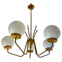 Vintage Stilnovo attr glass chandelier opaline Globe with brass , italy 1950s